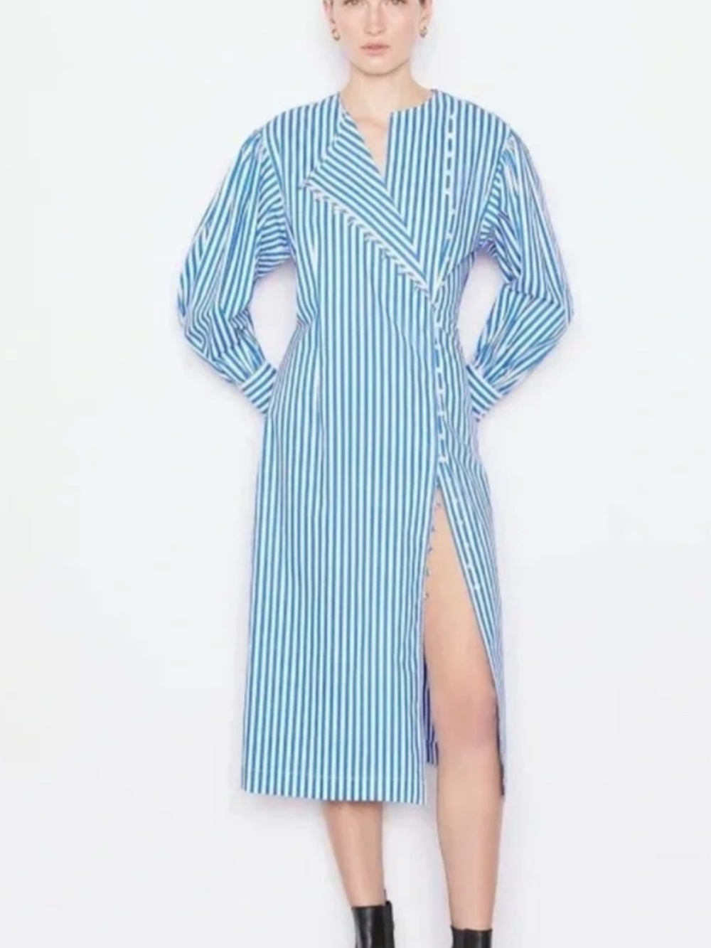 Frame Button Detail Striped Shirtdress Midi